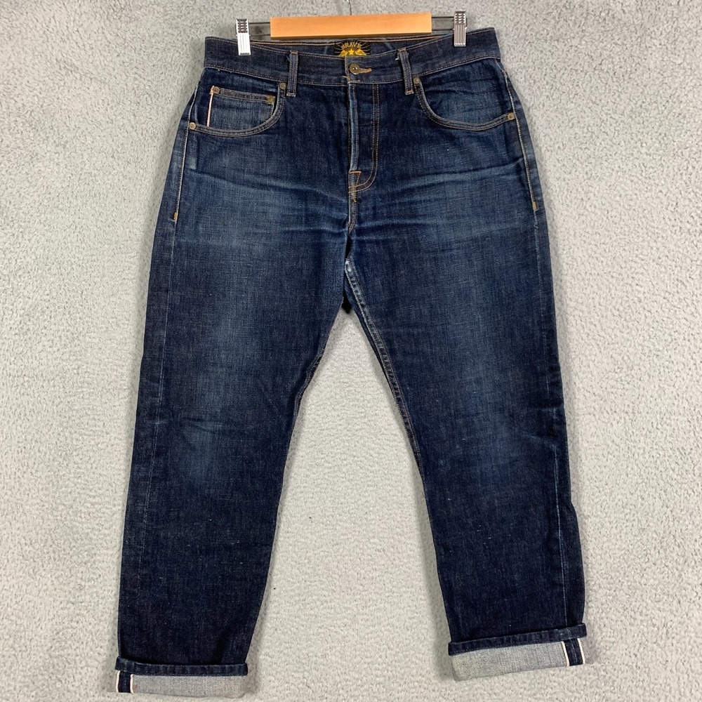 Brave Star Selvedge Jeans Mens Sz 35 x 28 Blue Dark Wash Button Fly USA Straight